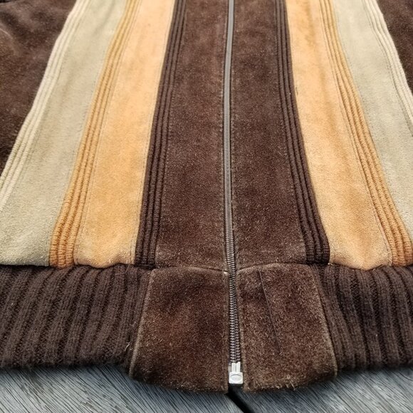Vintage 70s Suede Leather Sweater Jacket Mens Medium Brown Orange Retro Stripe - Picture 15 of 15